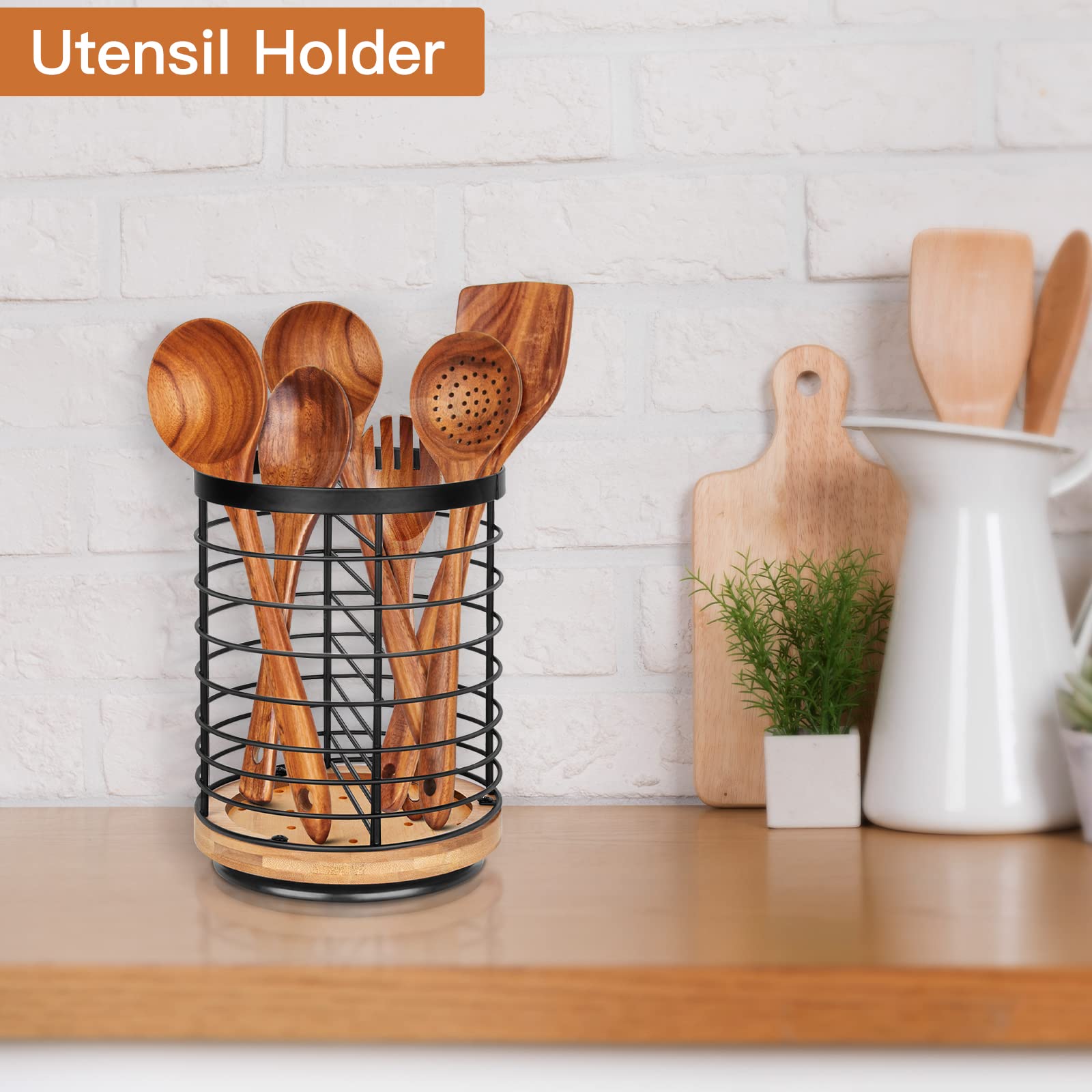 Toosci porta-utensilios diseño moderno en negro mate con base de madera.