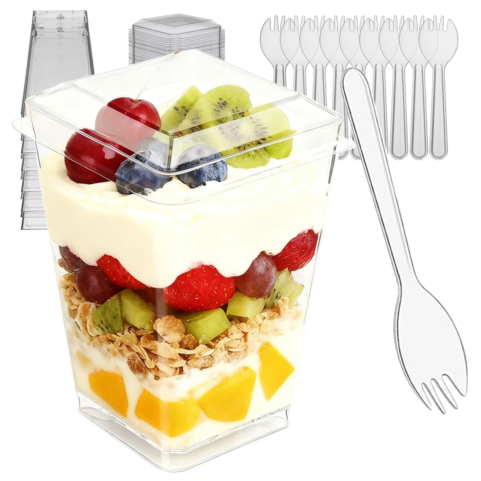 Toowood vasos postre cuadrados con tapas, ideales para fiestas y presentación elegante.