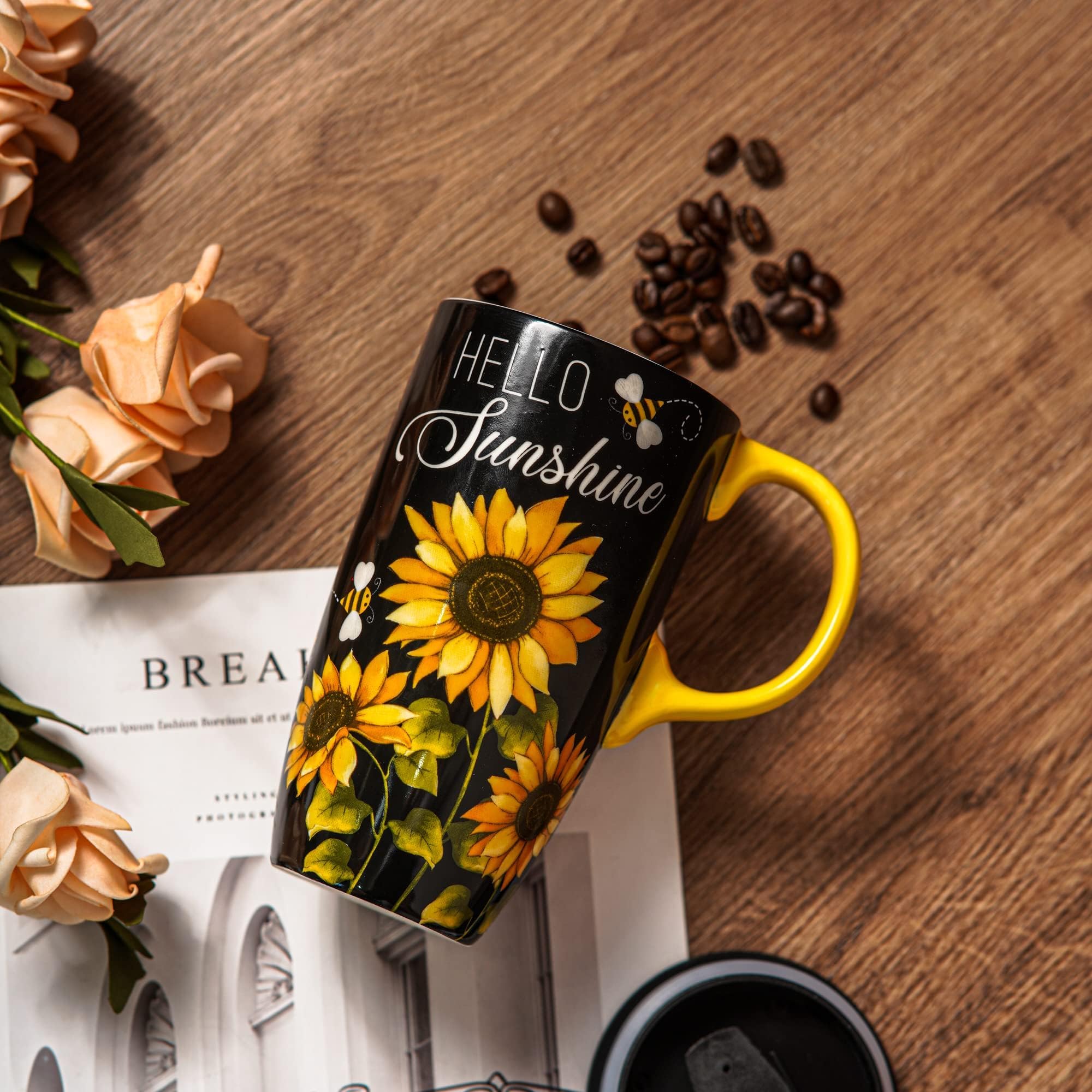 Topadorn girasol taza con tapa de silicona, evita derrames al viajar.