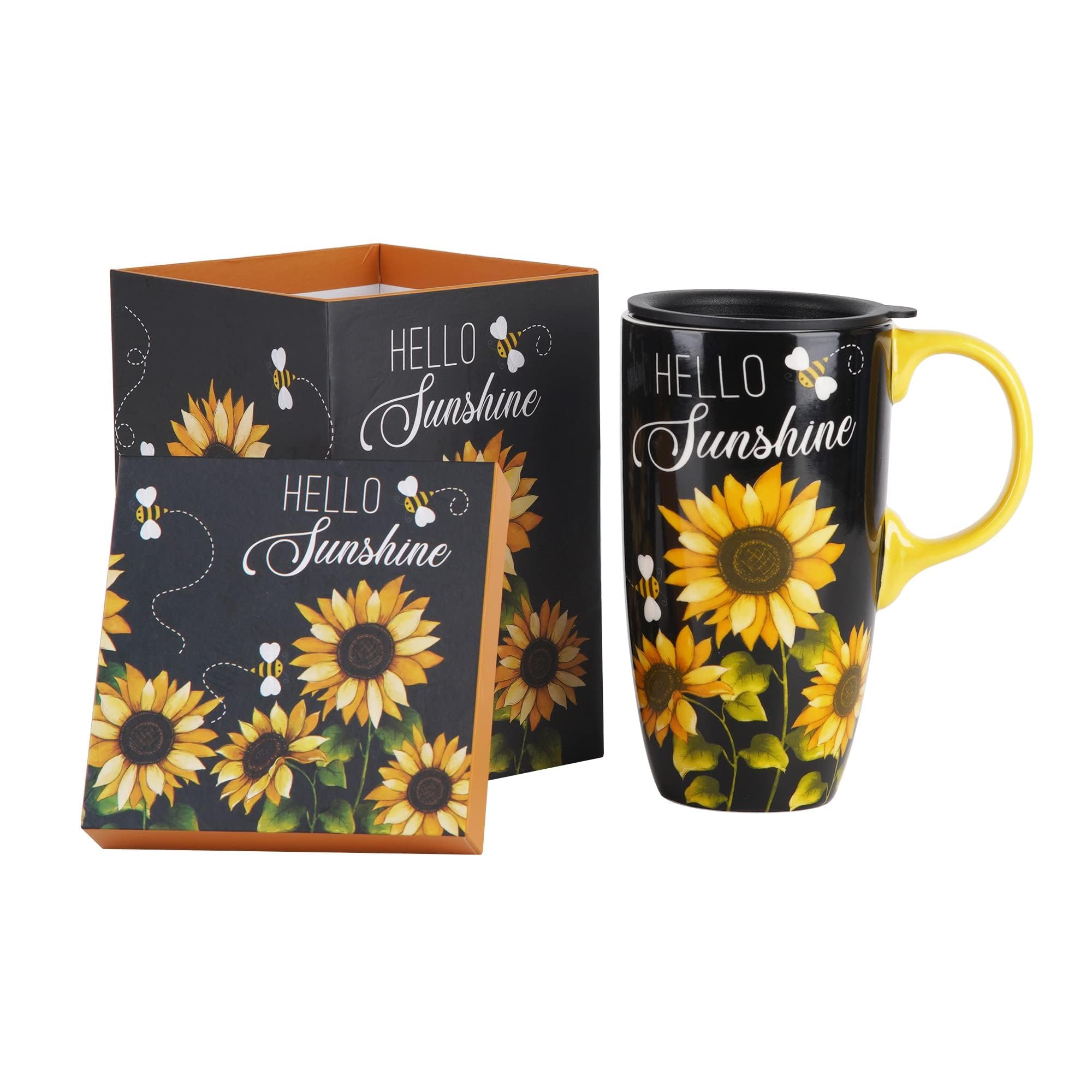 Topadorn girasol taza cerámica de viaje frente, ideal para empezar el día con estilo.