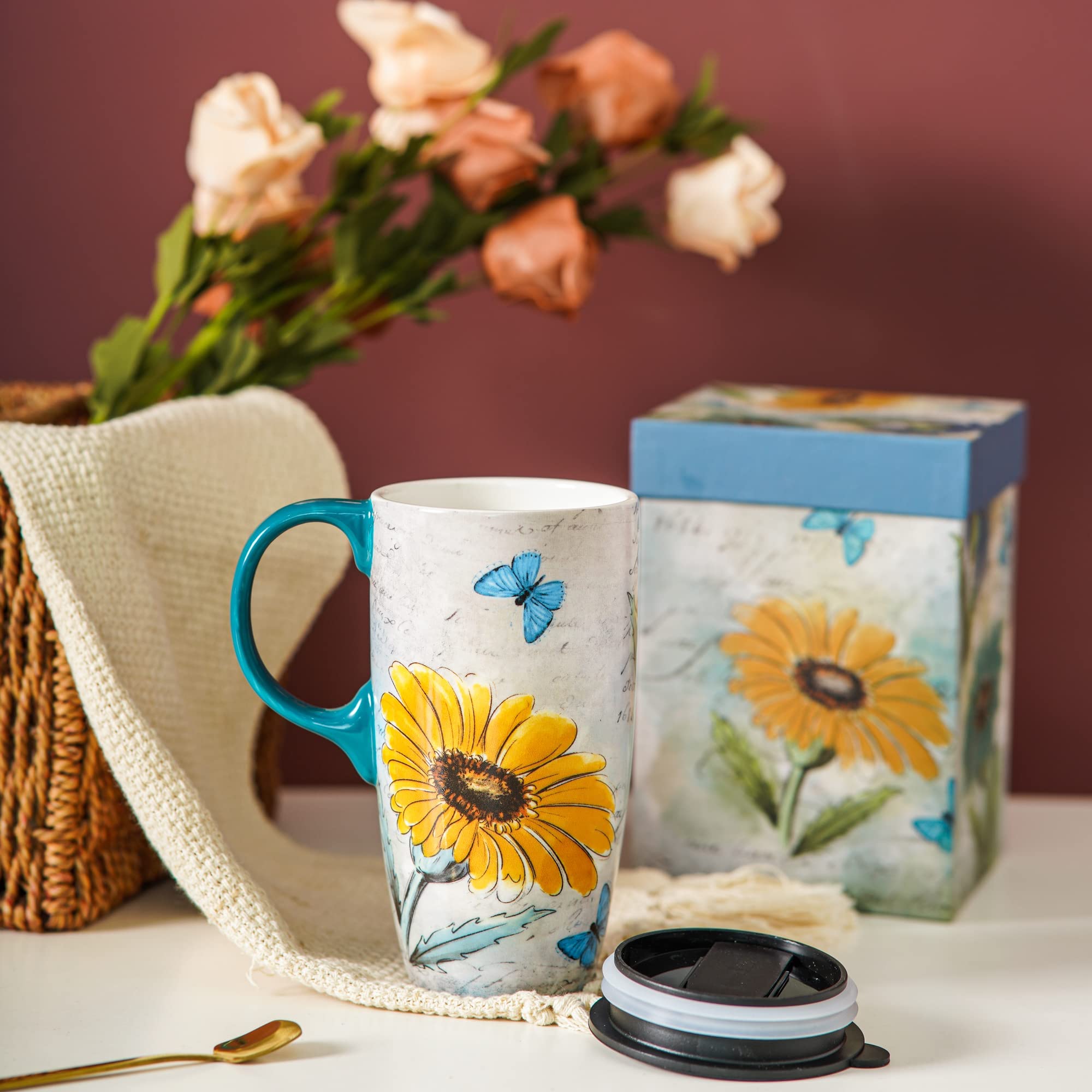 Topadorn taza cerámica con tapa y aro de silicona, evita derrames.