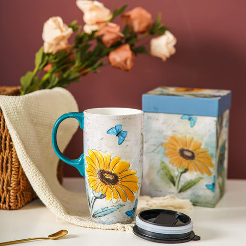 Topadorn taza cerámica con tapa y aro de silicona, evita derrames.