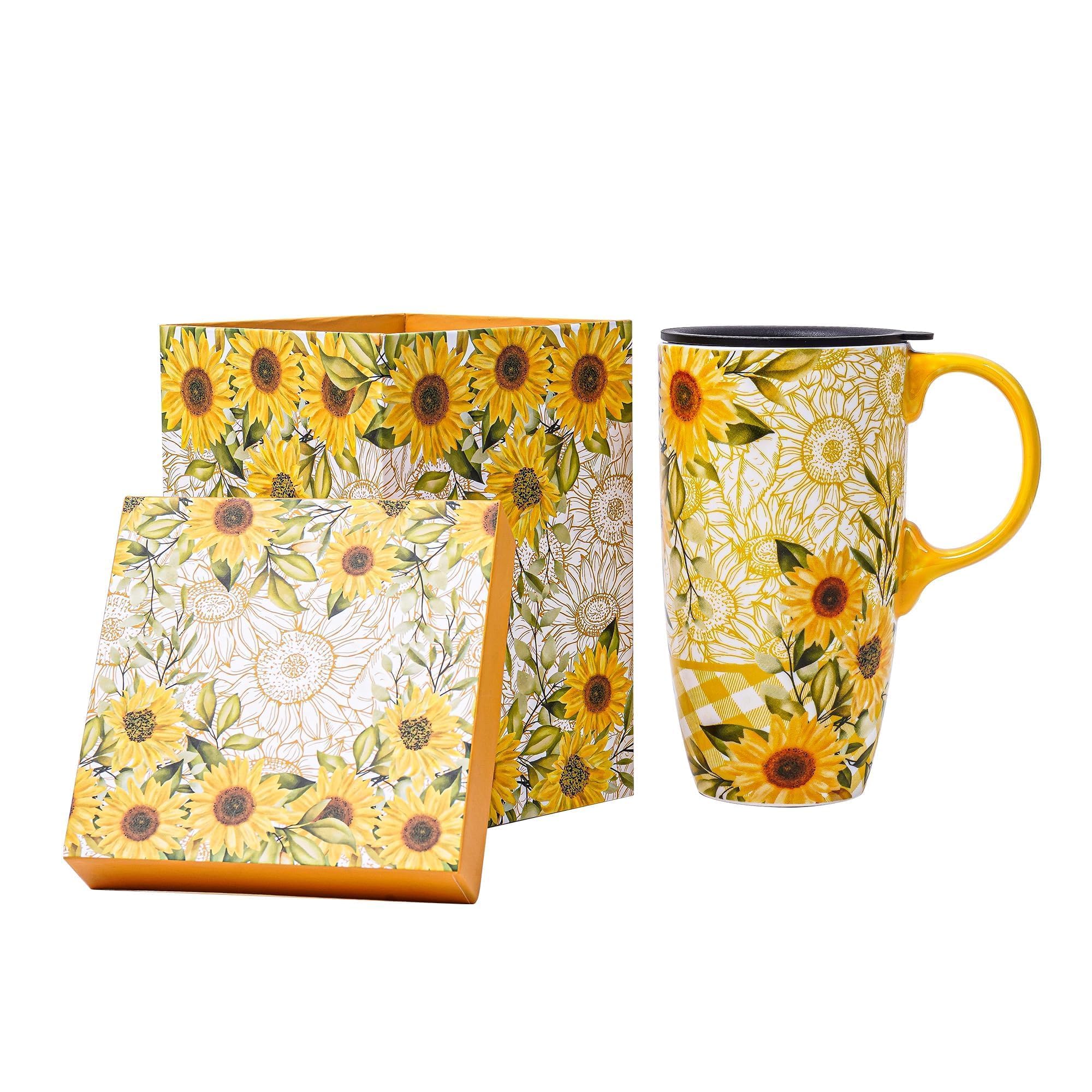 Topadorn taza cerámica con girasoles amarillos, ideal para bebidas reconfortantes.