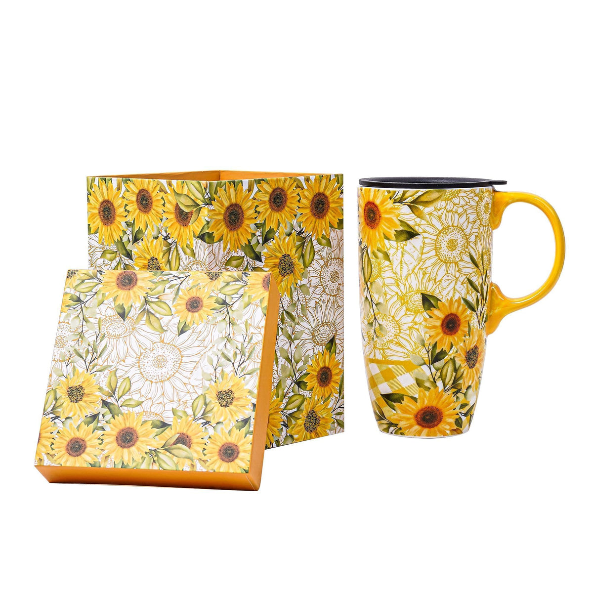 Topadorn taza cerámica con girasoles amarillos, ideal para bebidas reconfortantes.