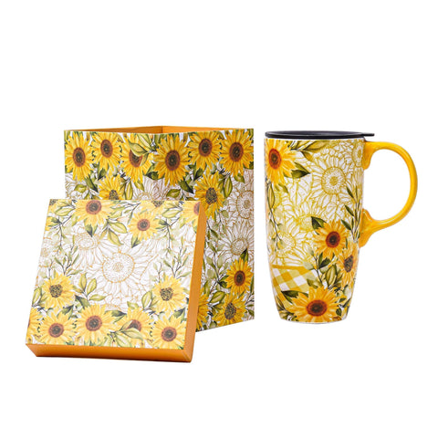 Topadorn taza cerámica con girasoles amarillos, ideal para bebidas reconfortantes.