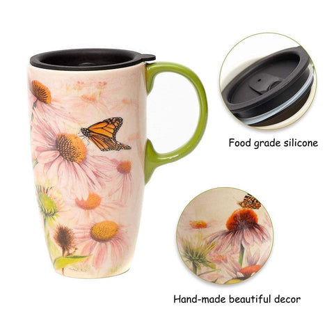 Topadorn taza cerámica rosa regalo con tapa y caja resistente