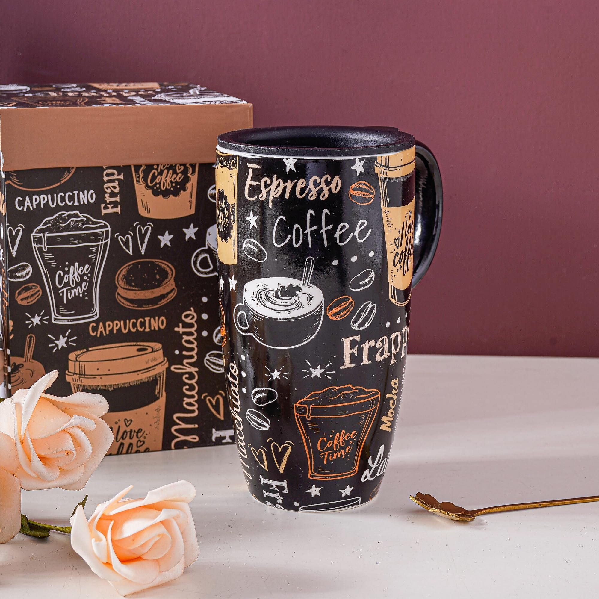 Topadorn taza cerámica de viaje con tapa deslizante, evita salpicaduras en coche.