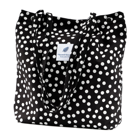Topasion bolso tote de pana con lunares negro blanco, uso diario y estilo