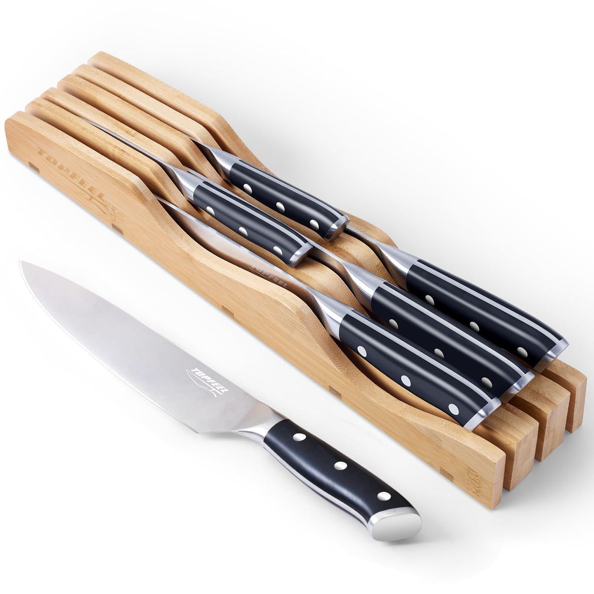 Topfeel juego de cuchillos en organizador de bambú, almacenamiento práctico para la cocina.