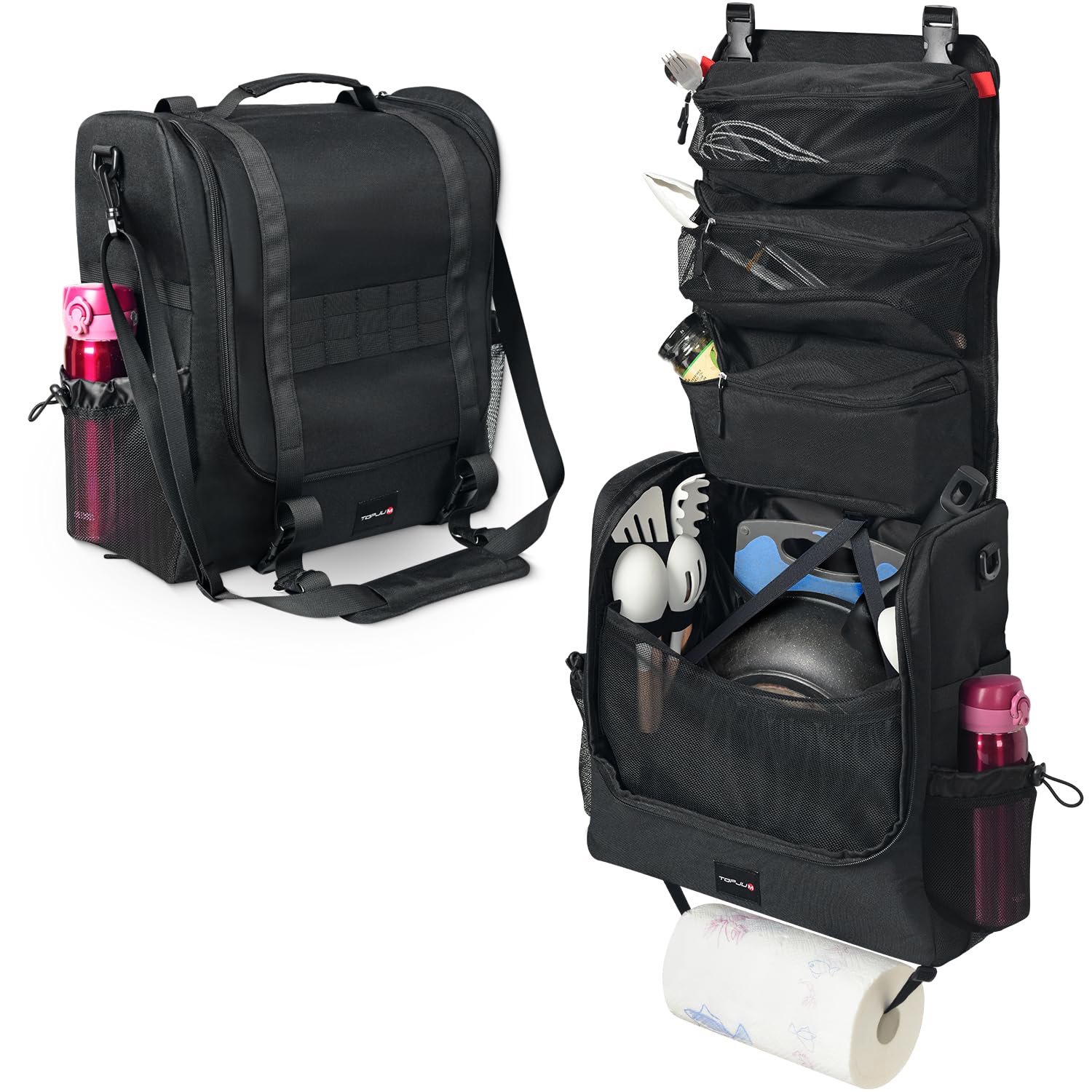 TOPJUM Camp Kitchen Organizer con compartimentos múltiples para ordenar utensilios de cocina.