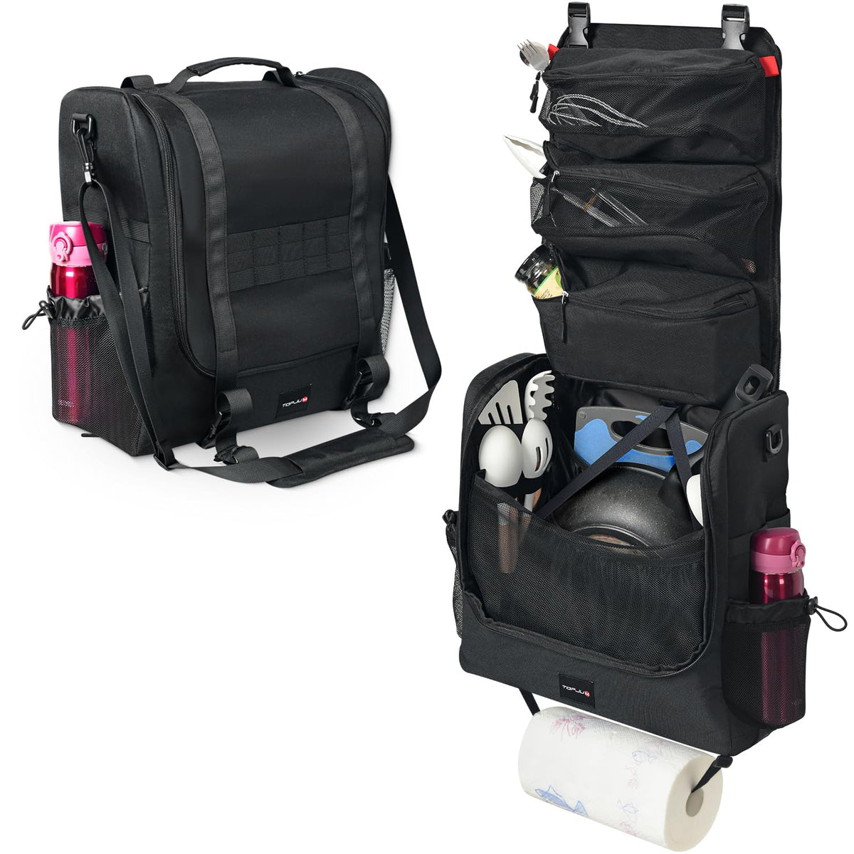 TOPJUM Camp Kitchen Organizer con compartimentos múltiples para ordenar utensilios de cocina.