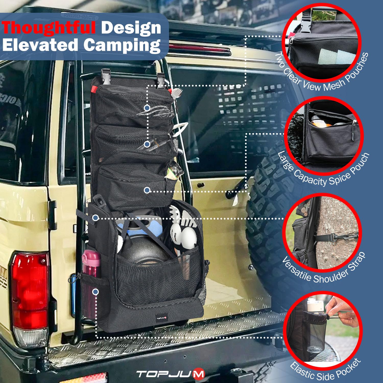 TOPJUM Camp Kitchen Organizer ganchos y fijaciones para asegurar equipo.