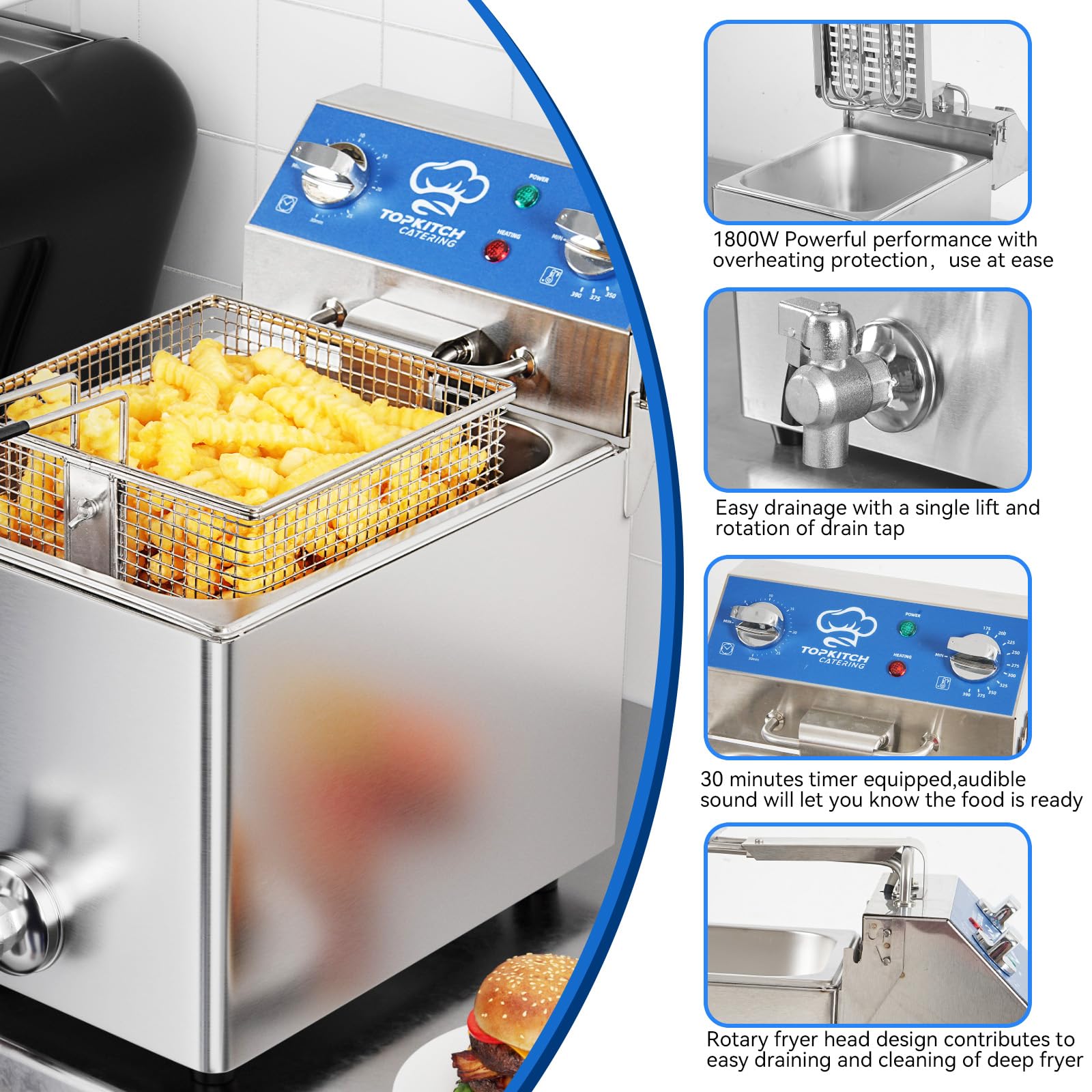 TOPKITCH freidora eléctrica 6.3 Qt drenaje de aceite, mantenimiento sencillo.
