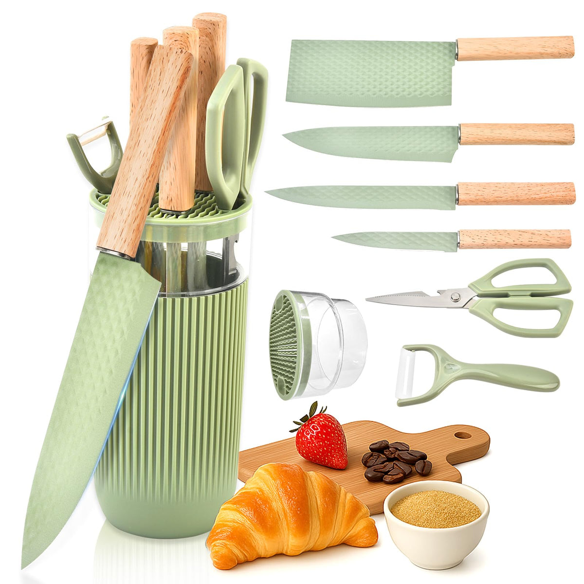 TOPLUCKY conjunto de cuchillos 7 piezas verde con bloque visible para acceso rápido en la cocina