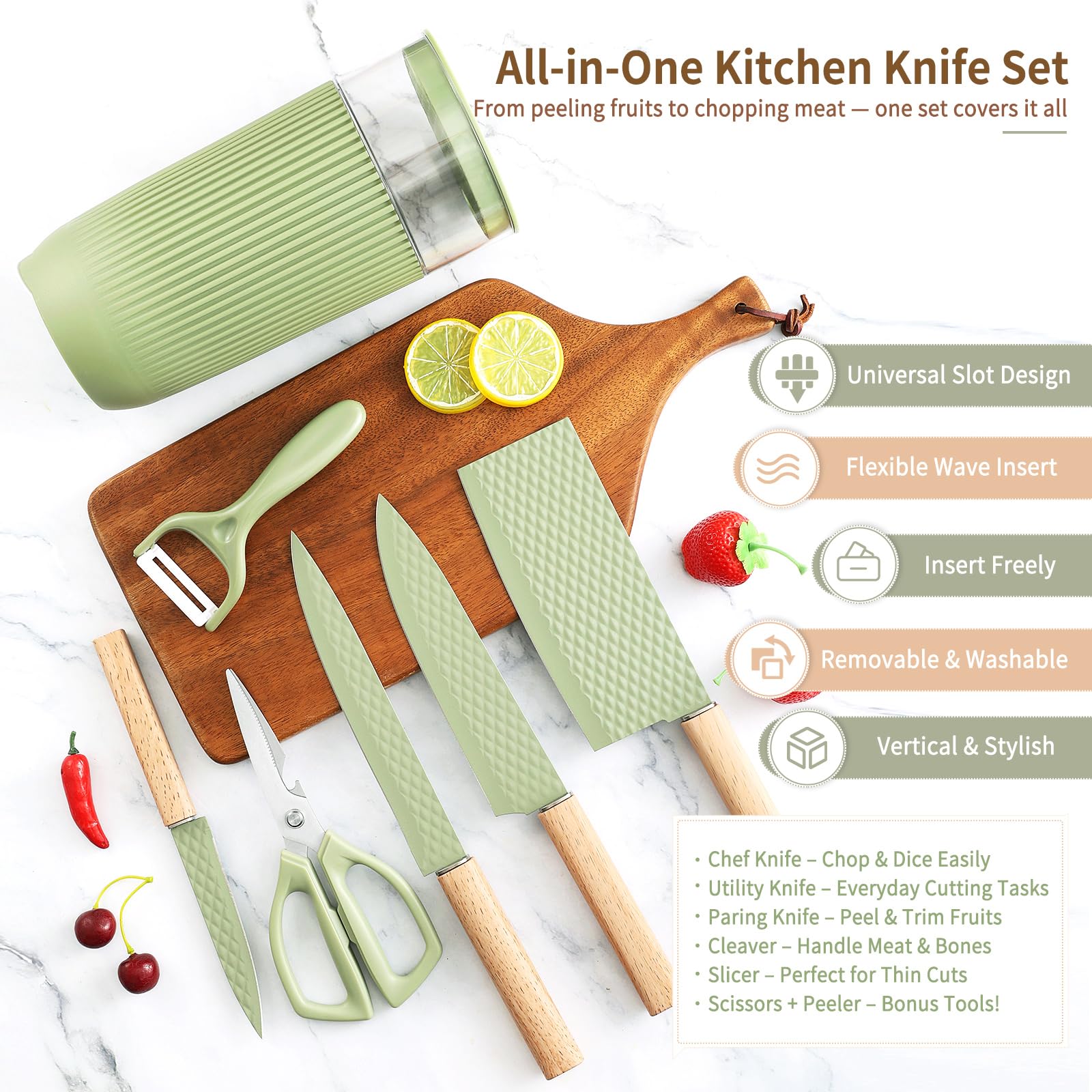 TOPLUCKY cuchillo chef 7 piezas verde, control equilibrado para cortes precisos