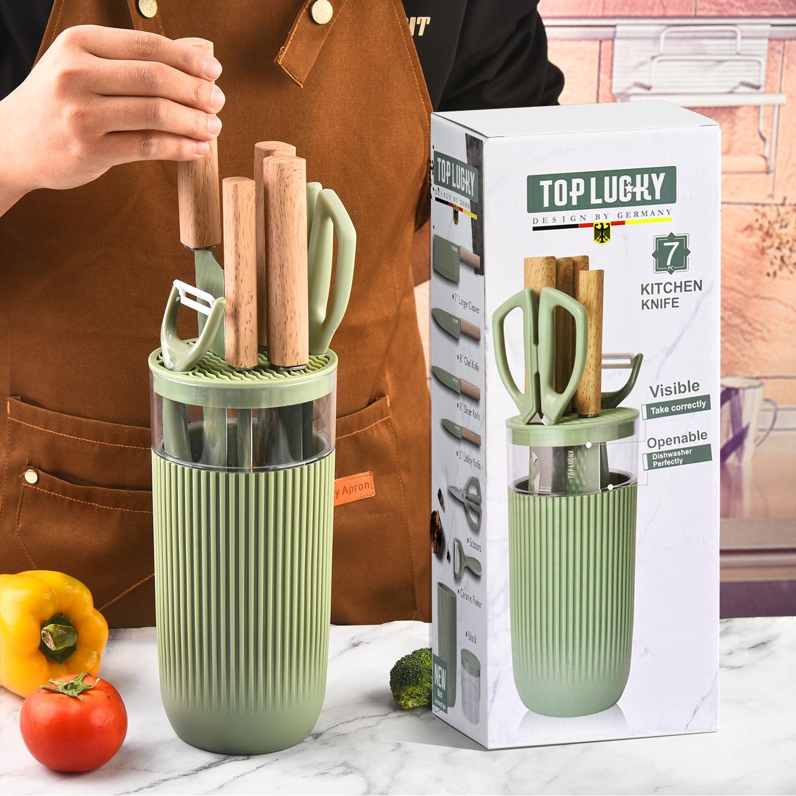TOPLUCKY cuchillos premium verde, kit versátil para cocina diaria y acampar