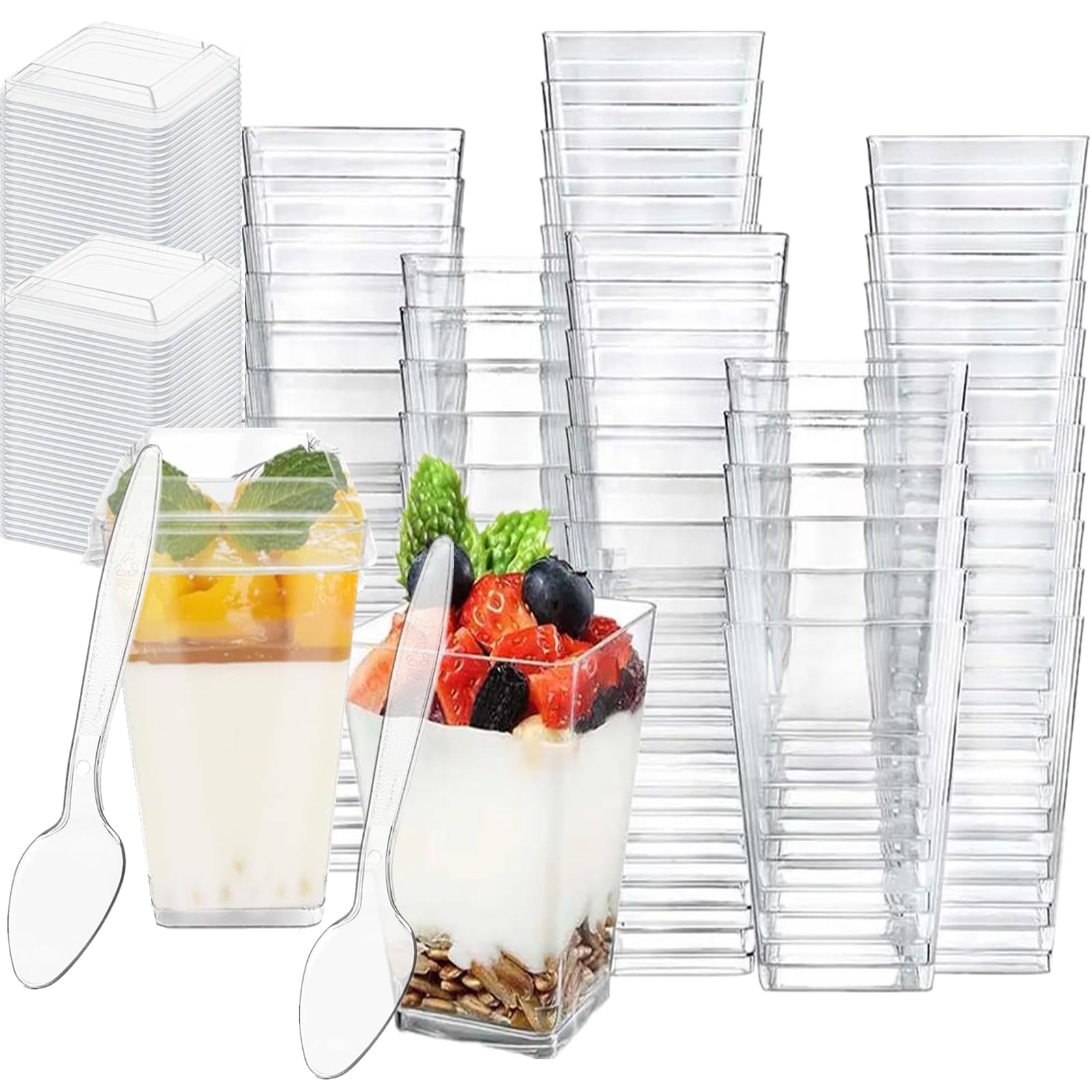 Vasos postre cuadrados con tapa y cuchara ToppYuanZea para degustaciones.