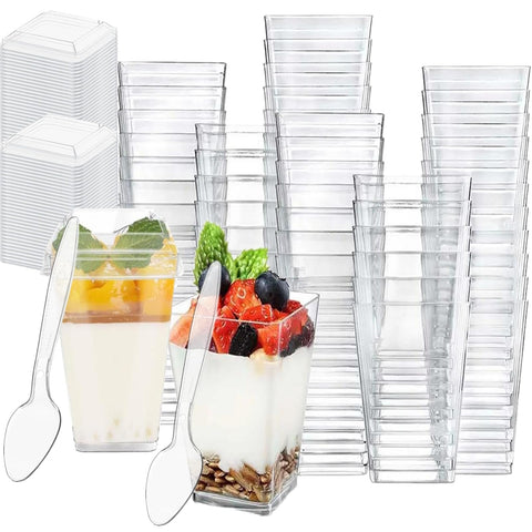 Vasos postre cuadrados con tapa y cuchara ToppYuanZea para degustaciones.