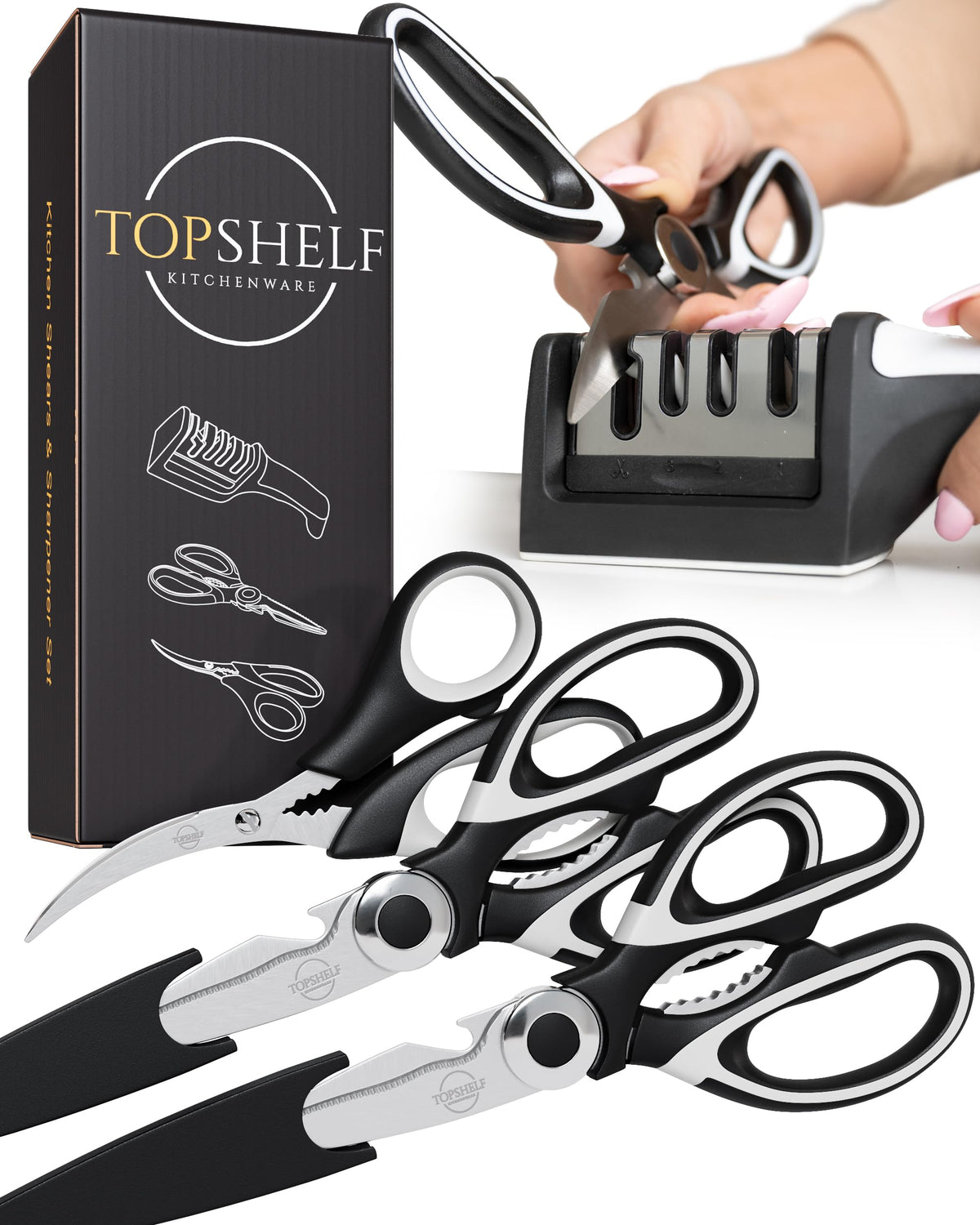 Tijeras TopShelf de cocina resistentes y grandes para cortar aves y vegetales con comodidad.