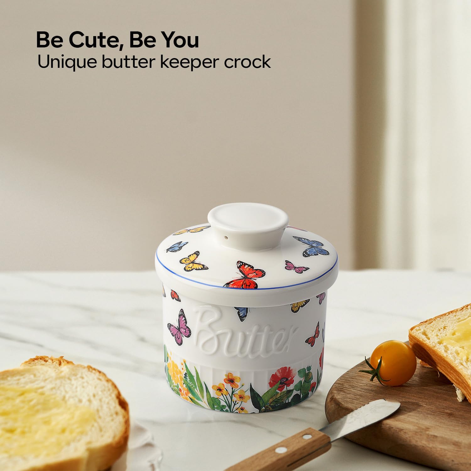 Toptier mantequera cerámica con diseño mariposa, ideal para la mesa.
