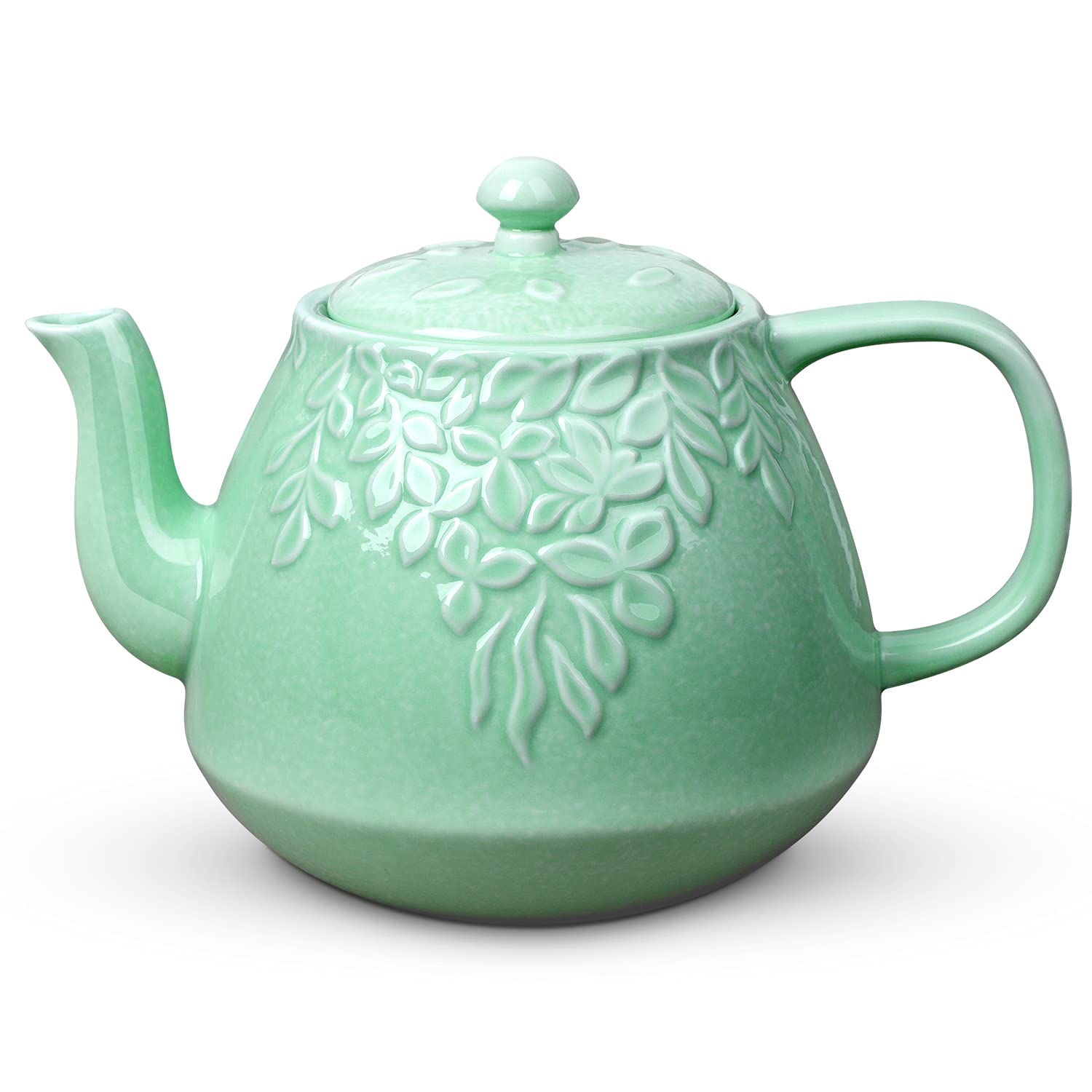 Toptier Tetera de porcelana con hojas embossadas, estilo elegante para té diario.