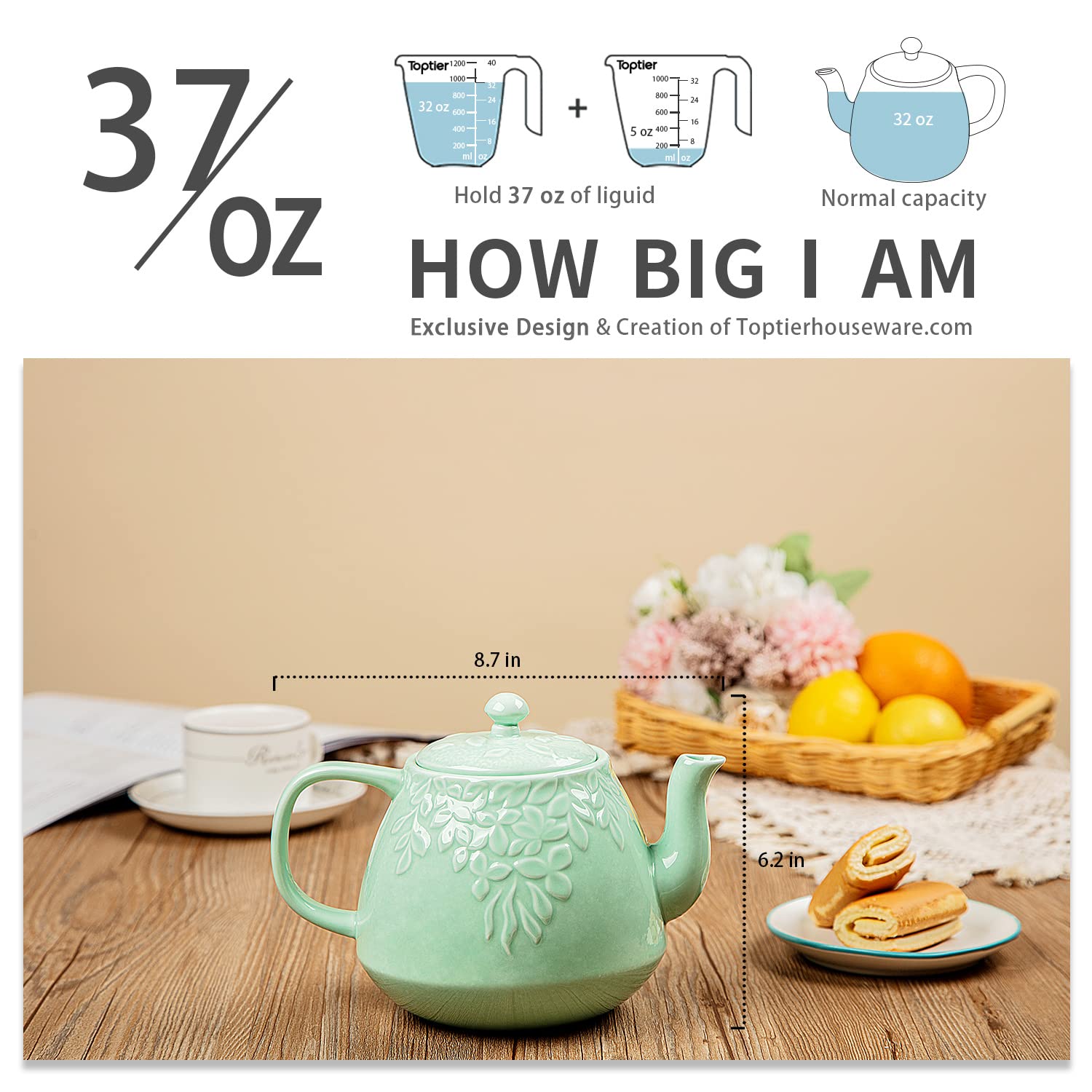 Toptier Tetera de porcelana, capacidad de 37 onzas para reuniones.