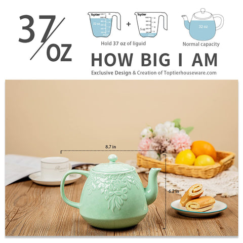 Toptier Tetera de porcelana, capacidad de 37 onzas para reuniones.