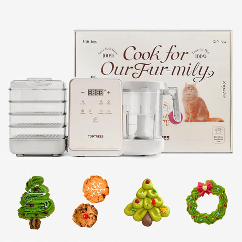 TOPTREES procesador de comida para mascotas en uso con modo 7 en 1 para comidas personalizadas.