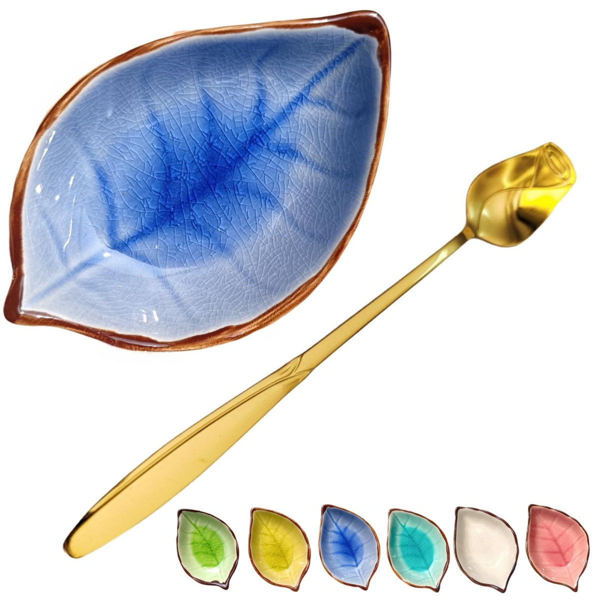 Reposamuela de TOPYOKK en forma de hoja, diseño cerámico con fractura de hielo zafiro y rosa dorada.
