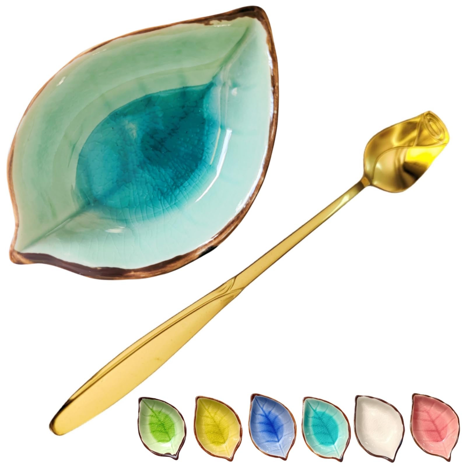 Topyokk reposo para cucharita de café en hoja, acabado azul lago con borde dorado.
