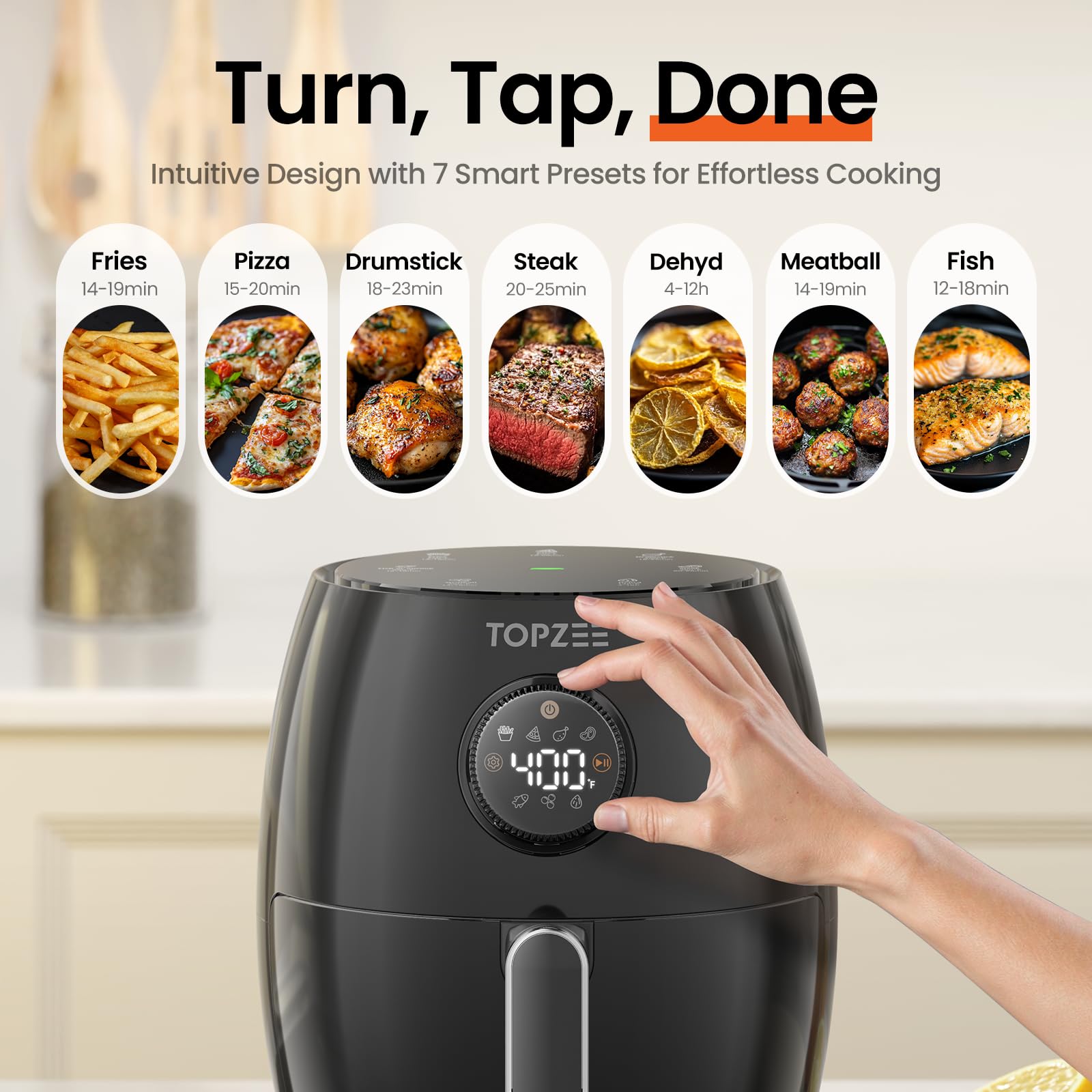 Panel digital con 7 presets del Topzee Airfryer para cocción versátil