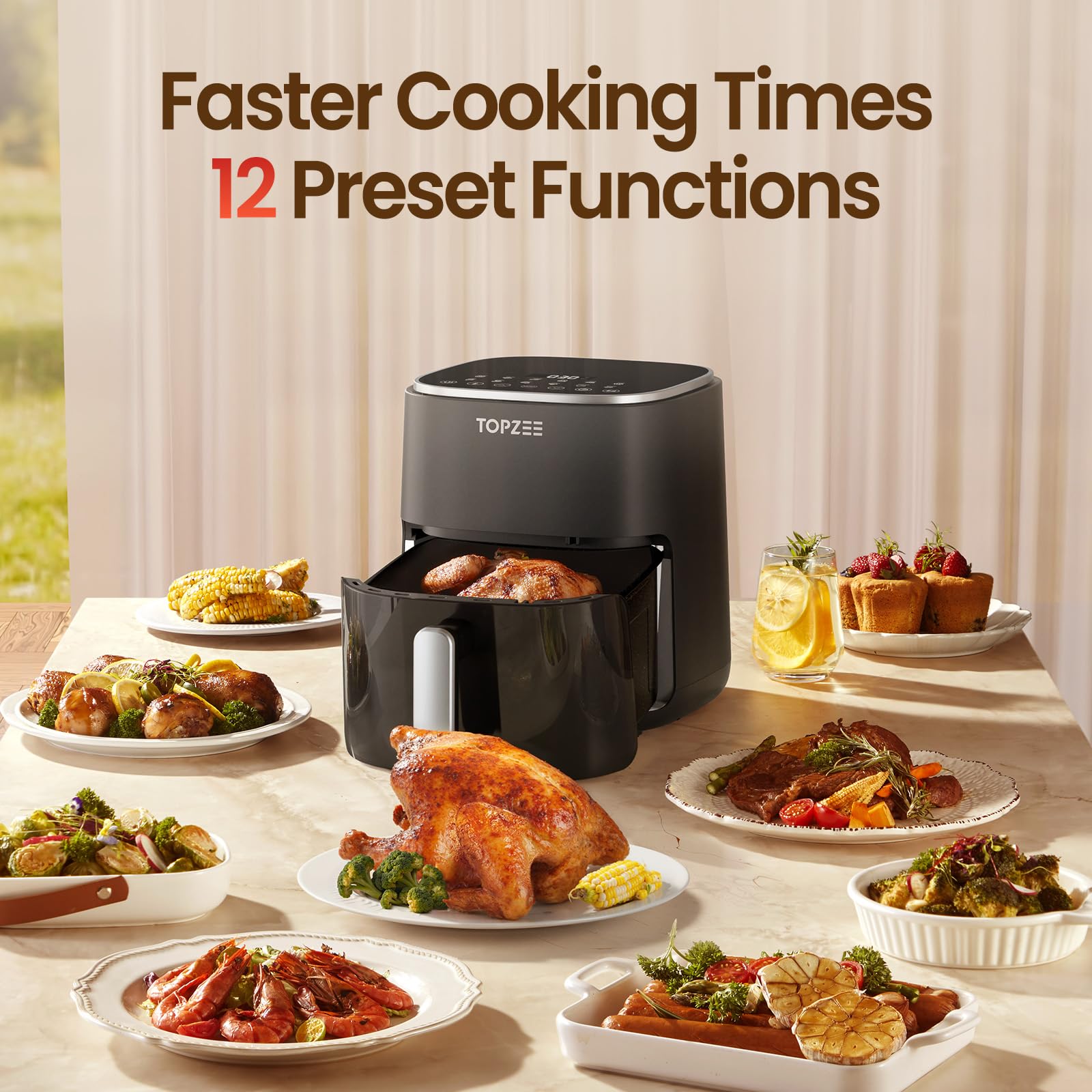 TOPZEE Air Fryer ahorro de aceite 95% para comidas más ligeras.