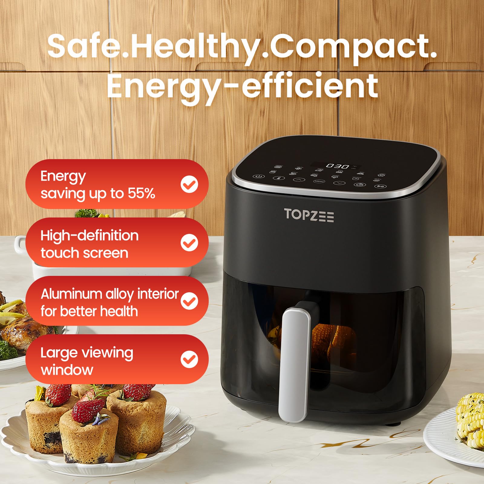 TOPZEE Air Fryer interior antiadherente facilita limpieza y mantenimiento.