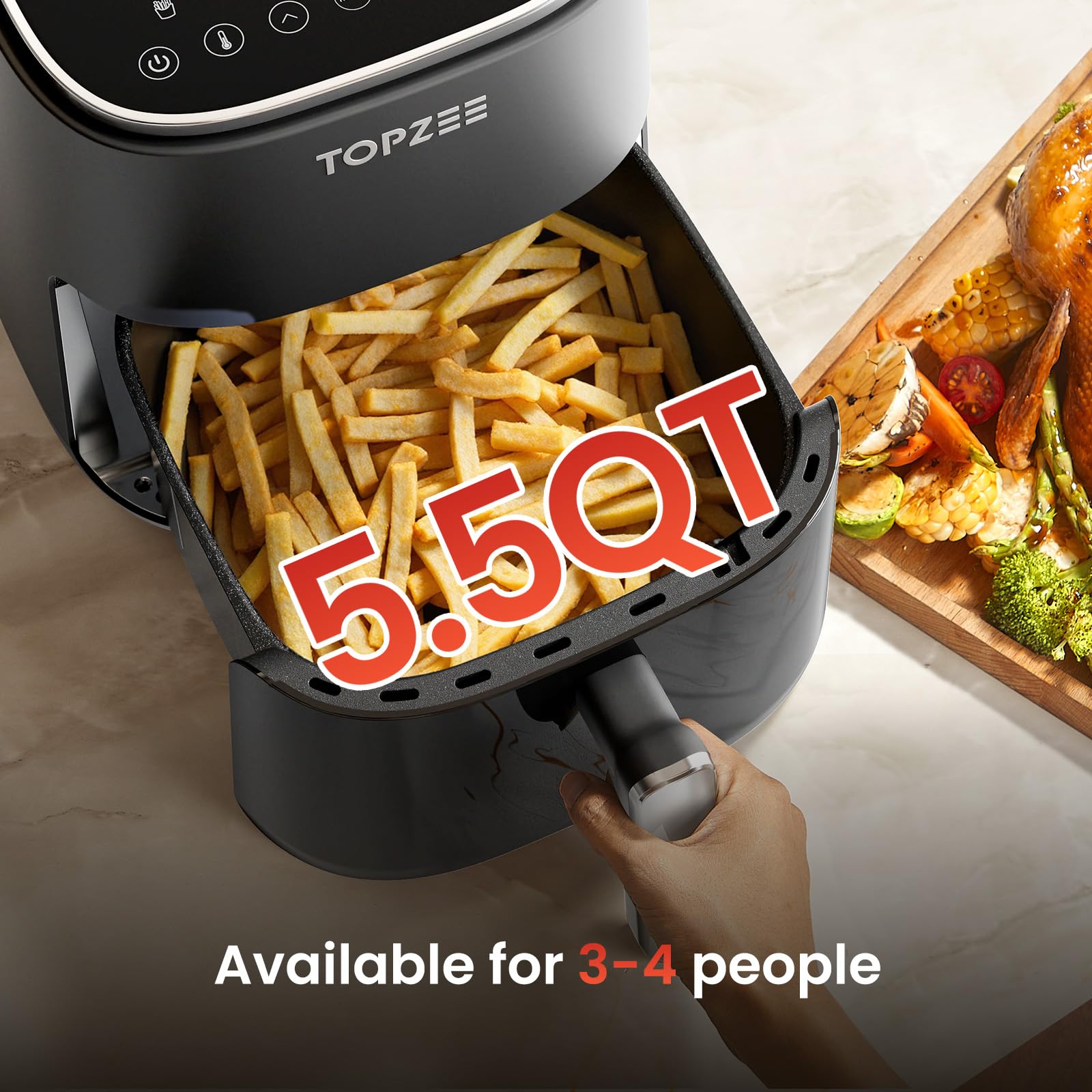 TOPZEE Air Fryer interior metalico facilita limpieza y durabilidad.