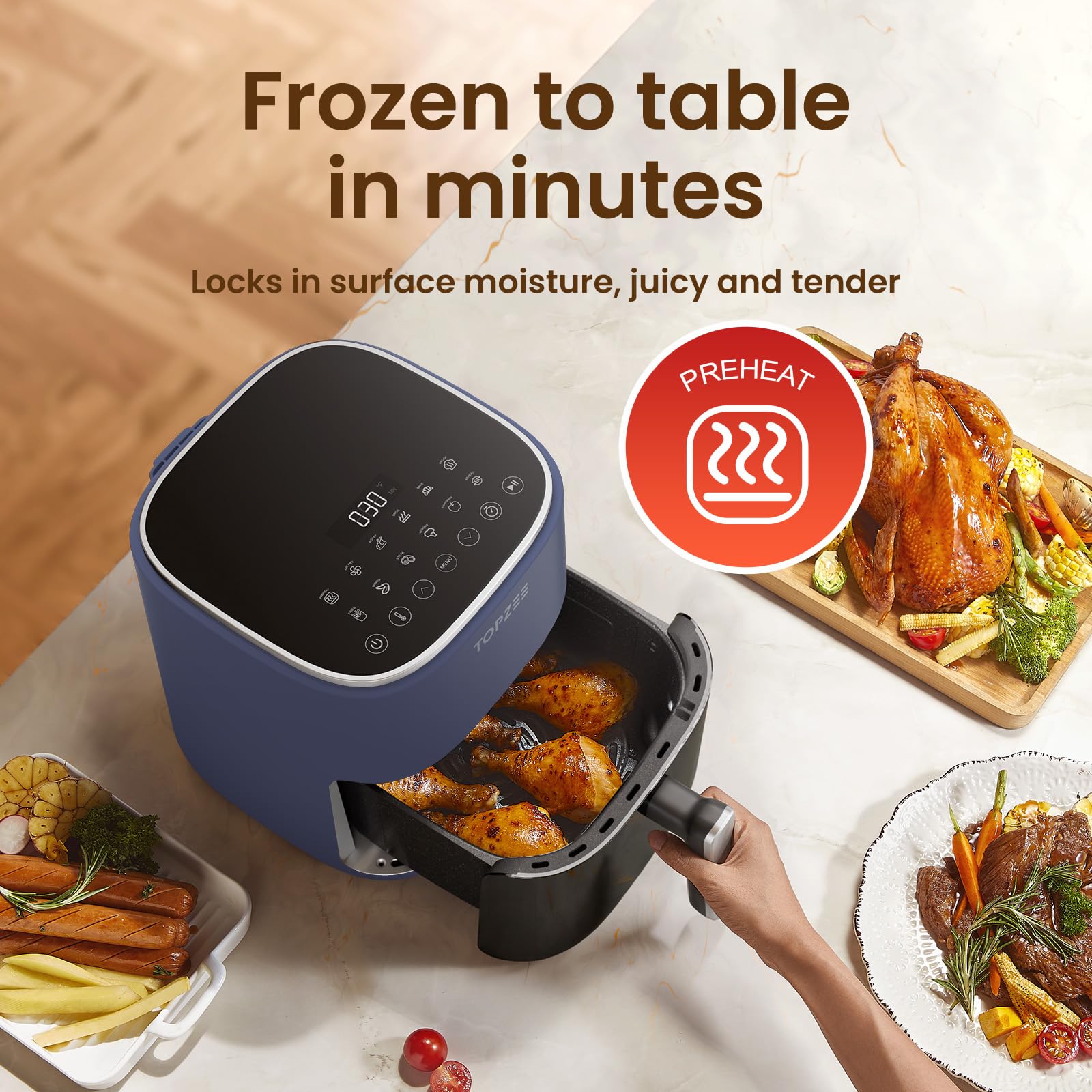 TOPZEE Freidora de Aire, rango de temperatura de 100–400 °F para hornear y recalentar.