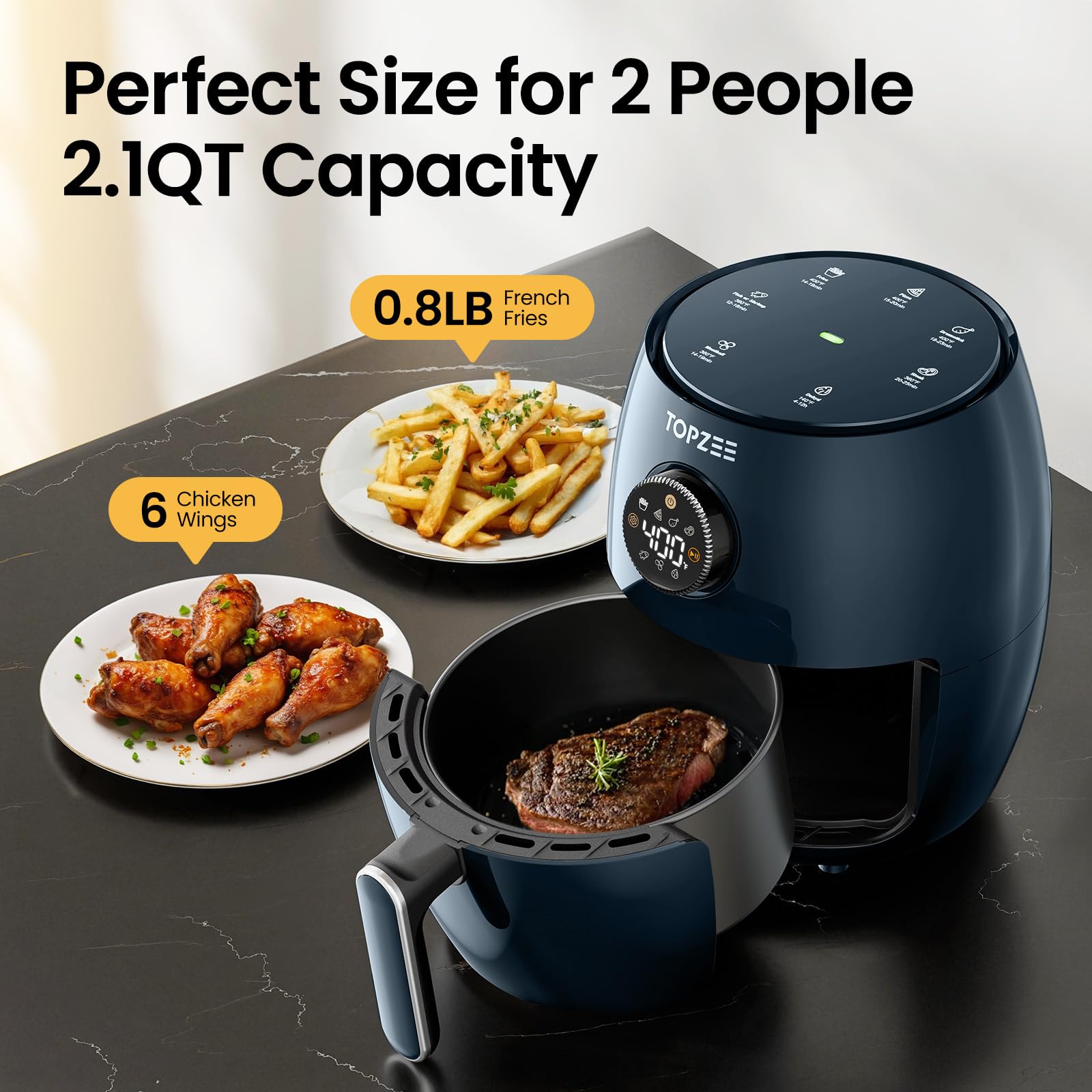 Topzee freidora de aire compacta 2-1qt accesorios desmontables: limpieza fácil.