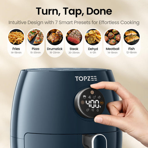 Topzee freidora de aire compacta 2-1qt lateral: aprovecha el espacio en cocinas pequeñas.