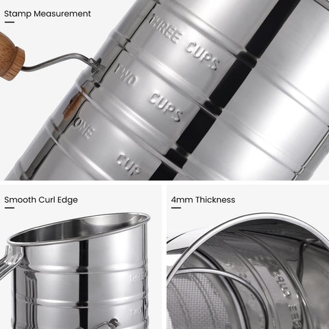 Tamiz Toresano con manivela en acción facilita un tamizado constante.