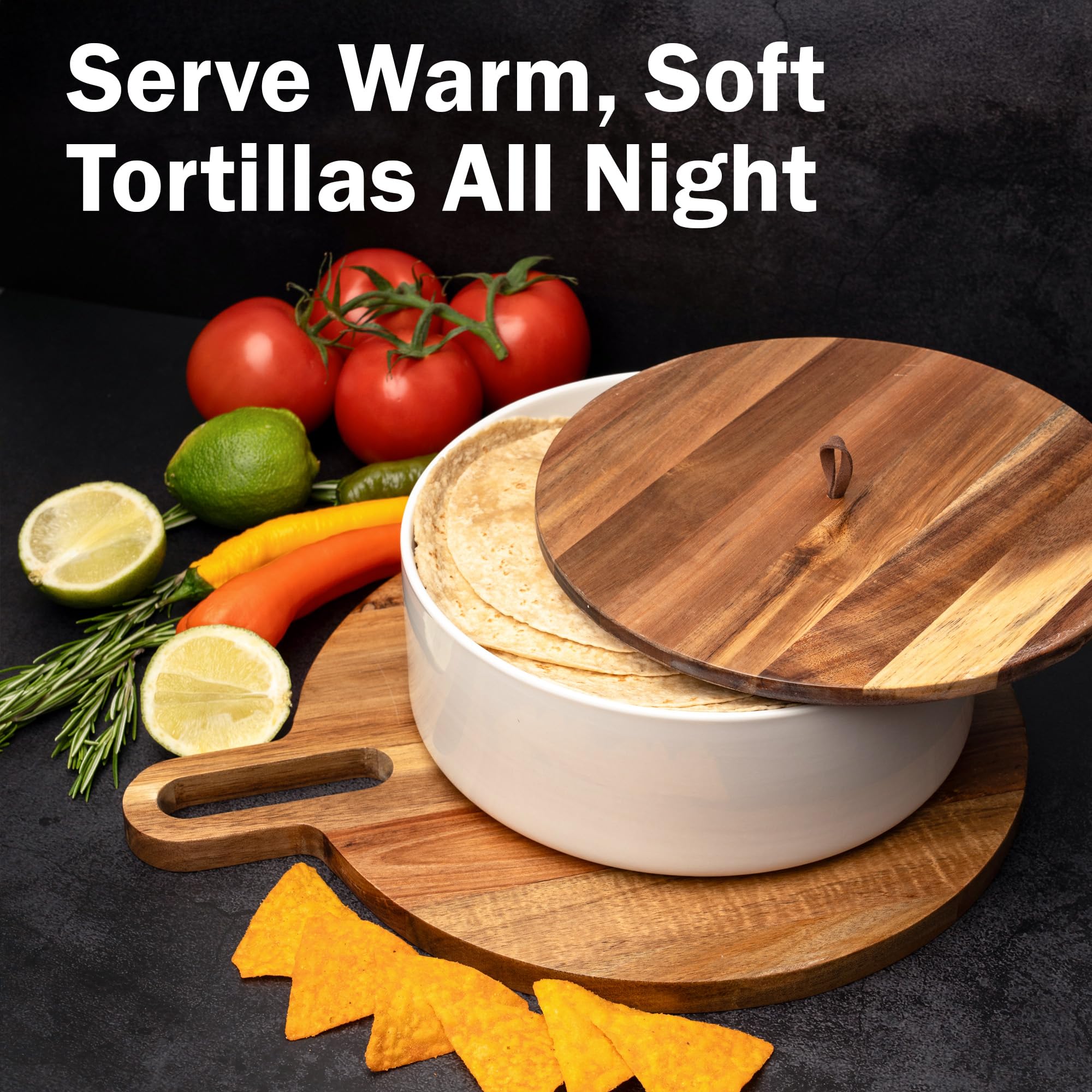 Tortillada calentador cerámico con tapa de madera mantiene húmedas las tortillas.