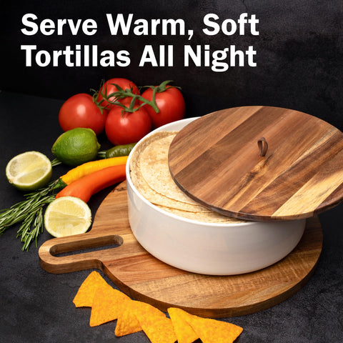 Tortillada calentador cerámico con tapa de madera mantiene húmedas las tortillas.