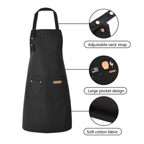 Delantal negro de cocina de Tosewever con bolsillos, ideal para herramientas y recetas.