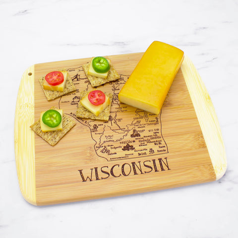 Totally Bamboo detalle de grabado de ciudades Wisconsin, perfecto para conversación en mesa.