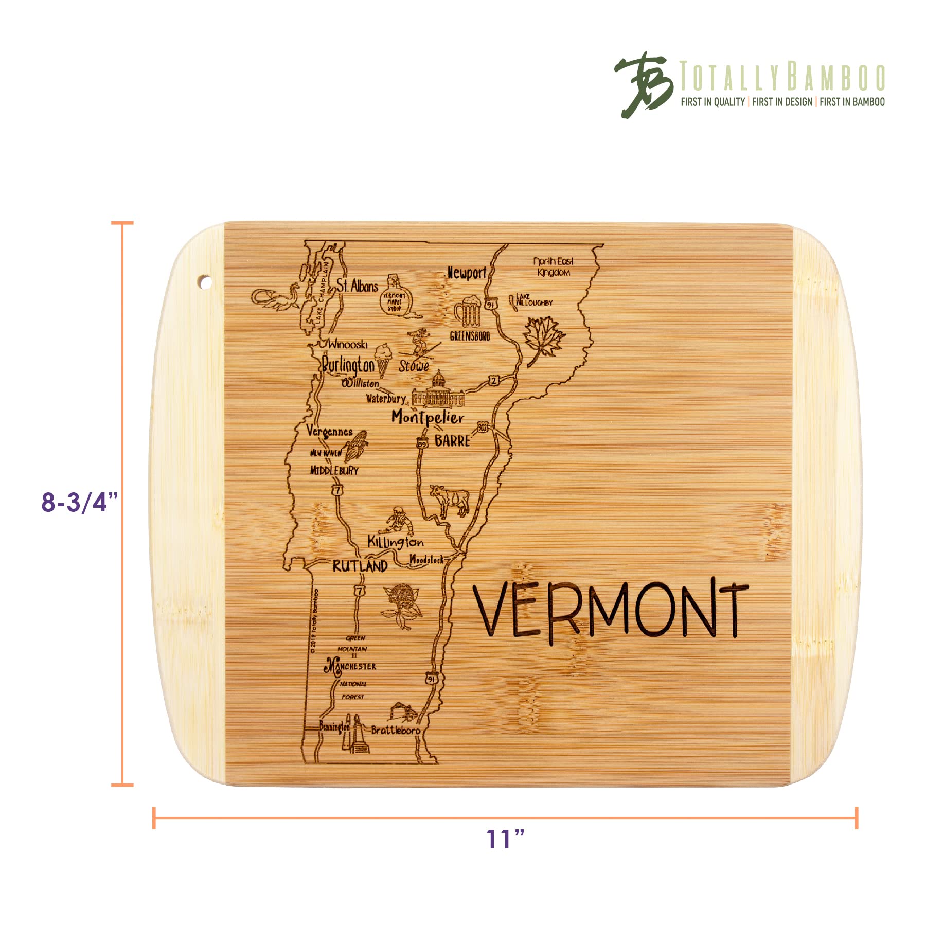 Totally Bamboo dimensiones 11x8-75 pulgadas, superficie amplia para cortar y servir.