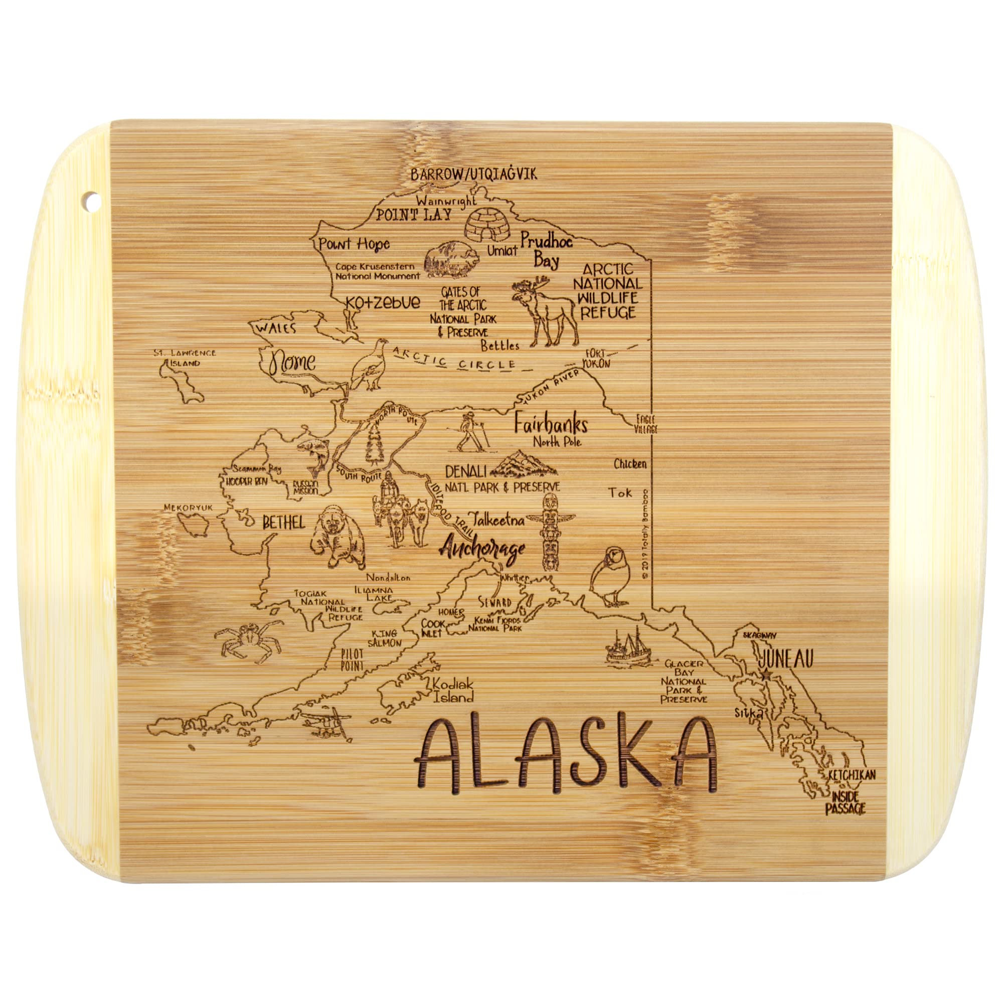 Totally Bamboo: tabla Alaska con grabado de ciudades, perfecta para cortar y servir.