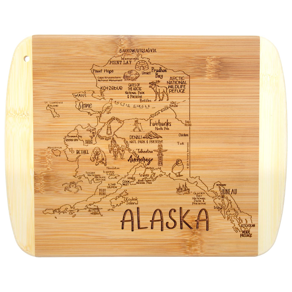 Totally Bamboo: tabla Alaska con grabado de ciudades, perfecta para cortar y servir.