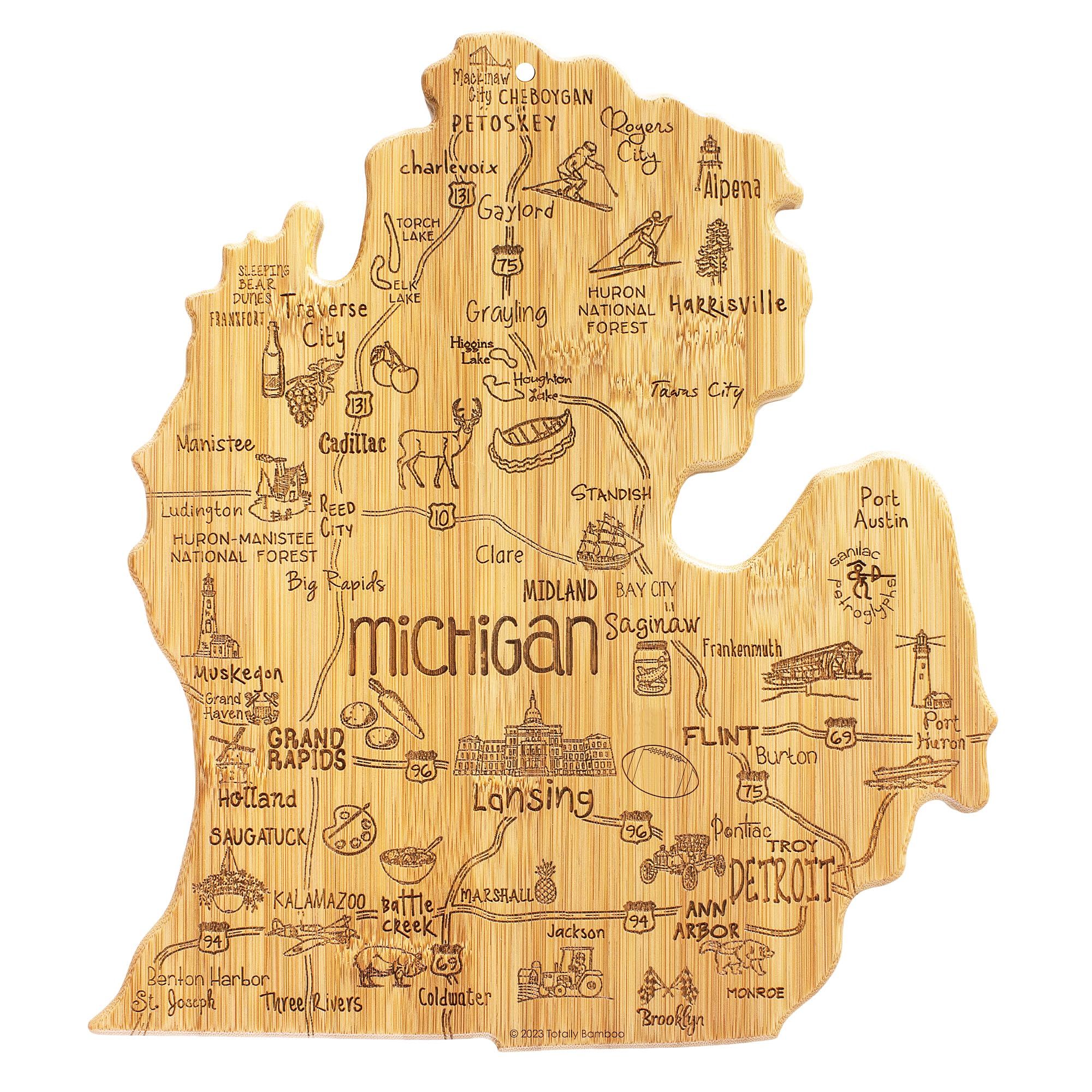 Tabla Totally Bamboo con mapa de Michigan para servir aperitivos con estilo.