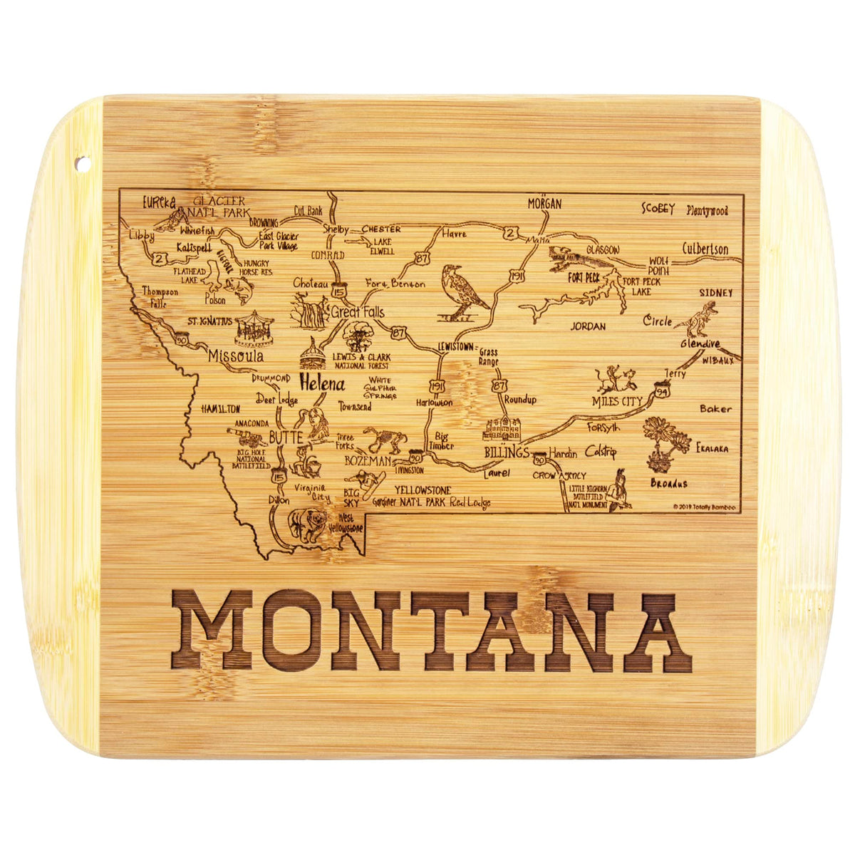 Totally Bamboo tabla Montana con grabado de ciudades para cortar y servir.