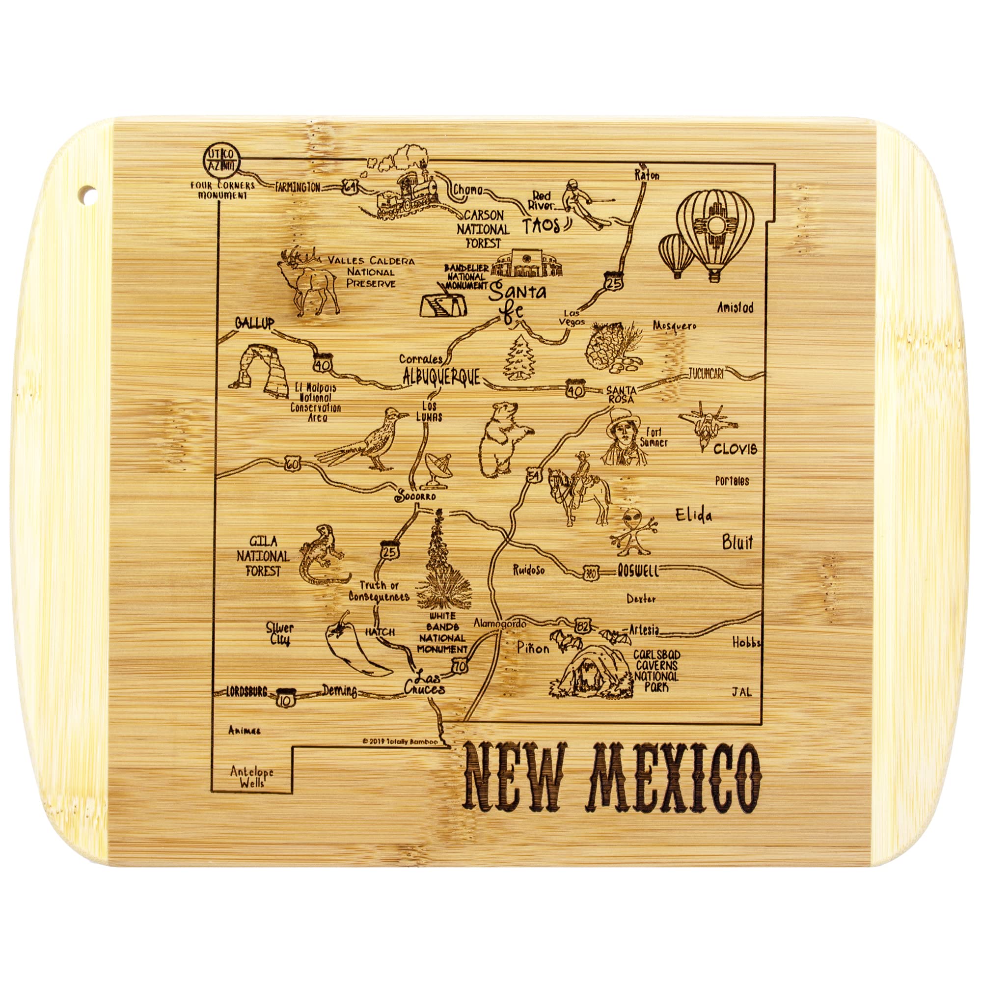 Totally Bamboo: tabla de corte nuevo-mexico grabado, ideal para servir y cortar con estilo en la cocina.