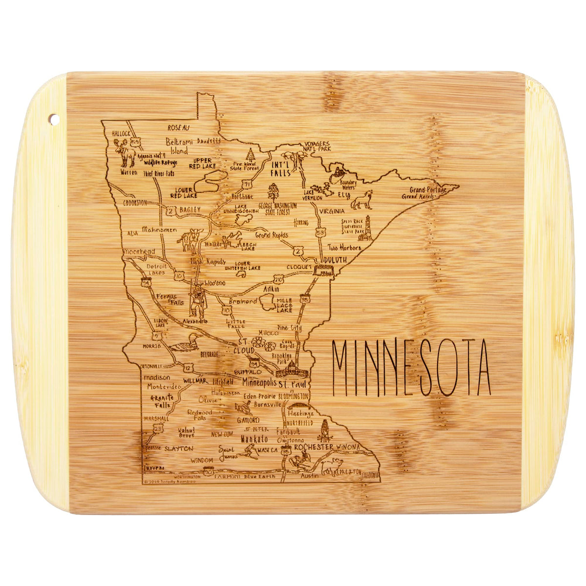 Totally Bamboo tabla Minnesota con arte grabado para servir y presentar.