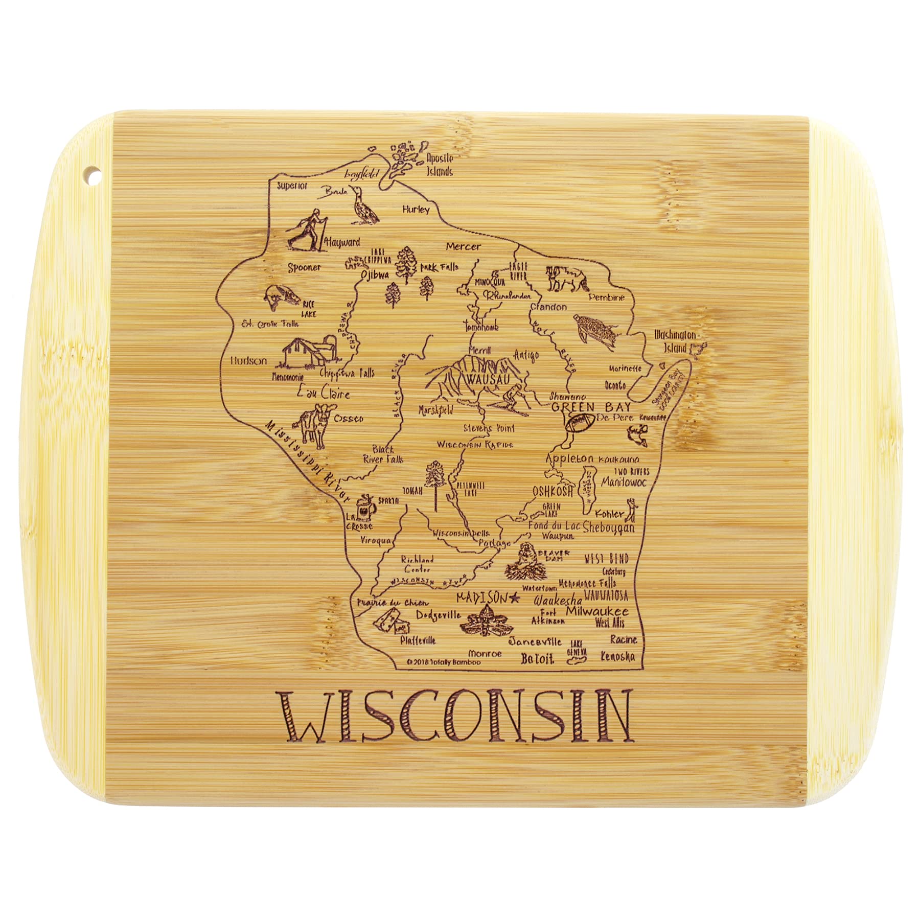 Totally Bamboo tabla Wisconsin con grabado general, ideal para servir con estilo.
